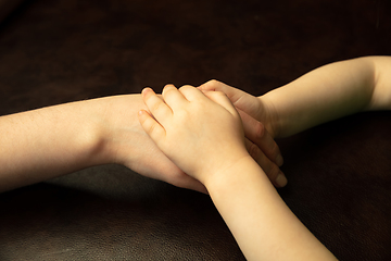 Image showing Close up of female and kid\'s hands doing things together, family, home concept