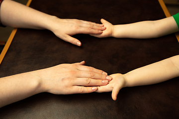 Image showing Close up of female and kid\'s hands doing things together, family, home concept