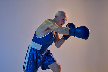 Image showing Senior man wearing sportwear boxing isolated on gradient studio background in neon light. Concept of sport, activity, movement, wellbeing. Copyspace, ad.