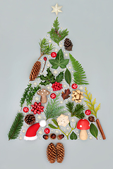 Image showing Abstract Christmas Tree with Decorations and Winter Greenery 