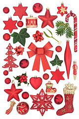 Image showing Red Christmas Baubles and Winter Flora Collection