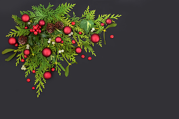 Image showing Christmas Red Bauble and Winter Flora Decoration