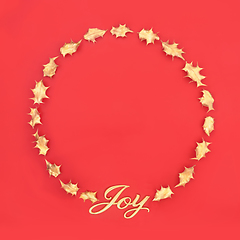 Image showing Joy at Christmas Wreath with Gold Holly Leaves