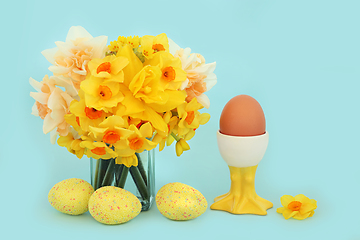 Image showing Easter Egg Themed Composition with Daffodils