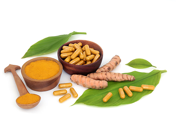 Image showing Turmeric Root Health Food with Powder and Capsules