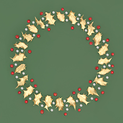 Image showing Christmas Wreath with Snowflakes Gold Holly and Red Berries