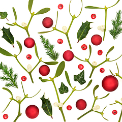 Image showing Christmas Composition with Red Baubles and Winter Greenery 