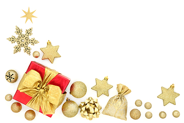 Image showing Christmas Gift Box with Gold Bauble Decorations