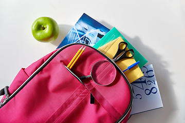 Image showing backpack with books, school supplies and apple