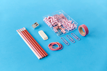 Image showing pencils, pins, clips, eraser, sharpener and rubber