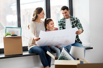 Image showing happy family with blueprint moving to new home