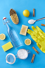 Image showing vinegar, lemons, washing soda, gloves and brush