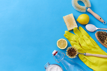 Image showing vinegar, lemons, washing soda, gloves and brush