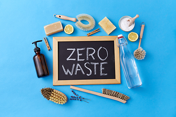 Image showing zero waste words on chalkboard and cleaning stuff