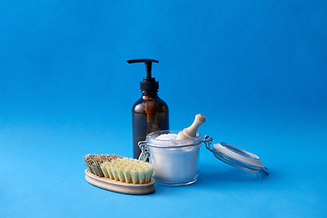 Image showing cleaning brush, soda with scoop and liquid soap