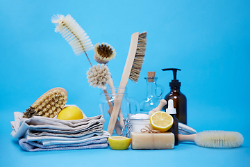 Image showing lemons, soap, washing soda, vinegar and brushes