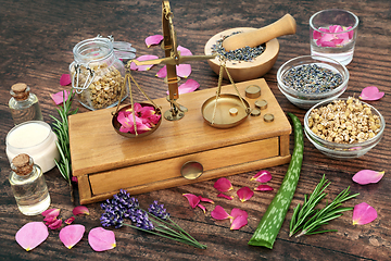 Image showing Weighing Herbs and Flowers for Natural Skincare Treatments