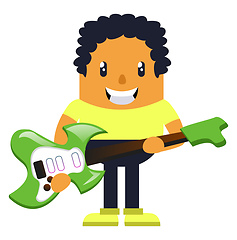 Image showing Man holding green guitar, illustration, vector on white backgrou