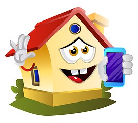 Image showing House is holding mobile phone, illustration, vector on white bac