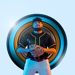 Image showing Baseball player, pitcher in a black uniform, modern design in neon