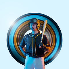 Image showing Baseball player, pitcher in a black uniform, modern design in neon