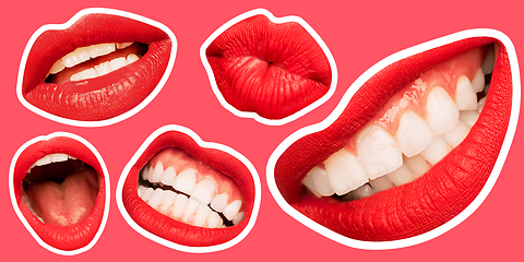 Image showing Collage in magazine style with female lips on bright background, flyer