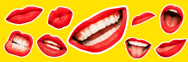 Image showing Collage in magazine style with female lips on bright background, flyer