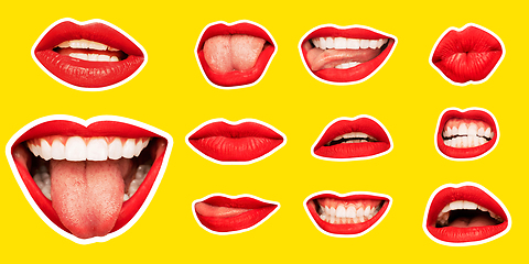 Image showing Collage in magazine style with female lips on bright background, flyer
