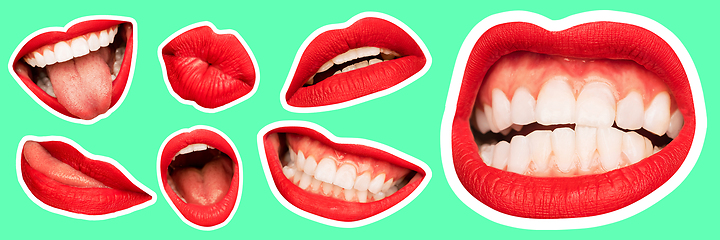 Image showing Collage in magazine style with female lips on bright background, flyer