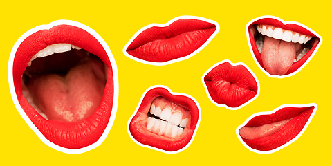 Image showing Collage in magazine style with female lips on bright background, flyer