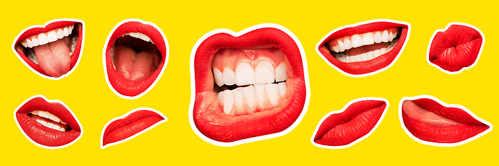 Image showing Collage in magazine style with female lips on bright background, flyer