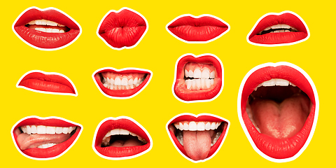 Image showing Collage in magazine style with female lips on bright background, flyer