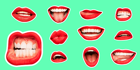 Image showing Collage in magazine style with female lips on bright background, flyer