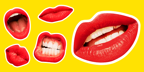 Image showing Collage in magazine style with female lips on bright background, flyer