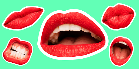 Image showing Collage in magazine style with female lips on bright background, flyer