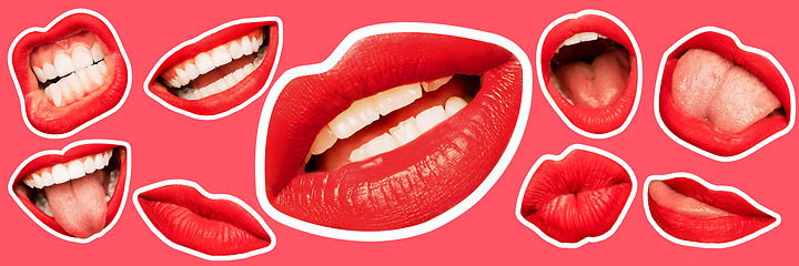 Image showing Collage in magazine style with female lips on bright background, flyer