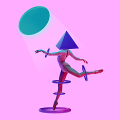 Image showing Young female ballet dancer headed of geometric object on light pink background.