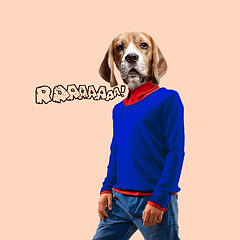 Image showing Contemporary artwork, conceptual collage. Man headed by dog head. Trendy colors.