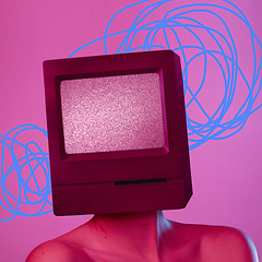 Image showing Young woman headed of TV set isolated over pink background.