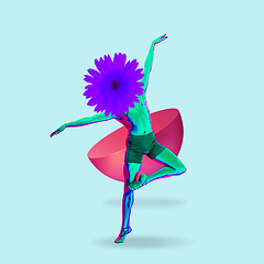 Image showing Art collage. Young male ballet dancer headed of flower on light blue background.