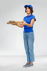 Image showing happy smiling delivery woman with pizza boxes