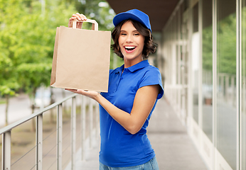 Image showing delivery woman with takeaway food in paper bag