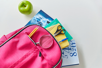 Image showing backpack with books, school supplies and apple