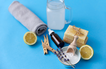 Image showing washing soda, soap, towel, dropper and clothespins