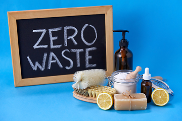 Image showing zero waste words on chalkboard and cleaning stuff