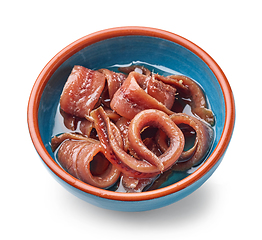 Image showing bowl of canned anchovy fillets