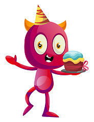 Image showing Devil with Birthday cake, illustration, vector on white backgrou