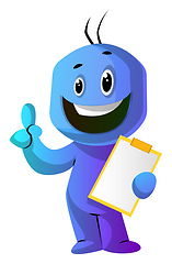 Image showing Blue cartoon caracter with a thumb up and a notepad illustration