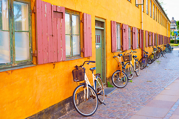 Image showing Bycicles old building wall. Copenhagen