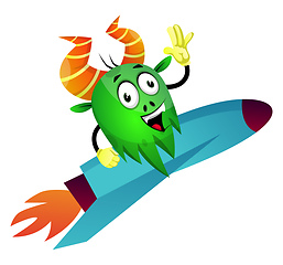 Image showing Cartoon monster on a rocket, illustration, vector on white backg